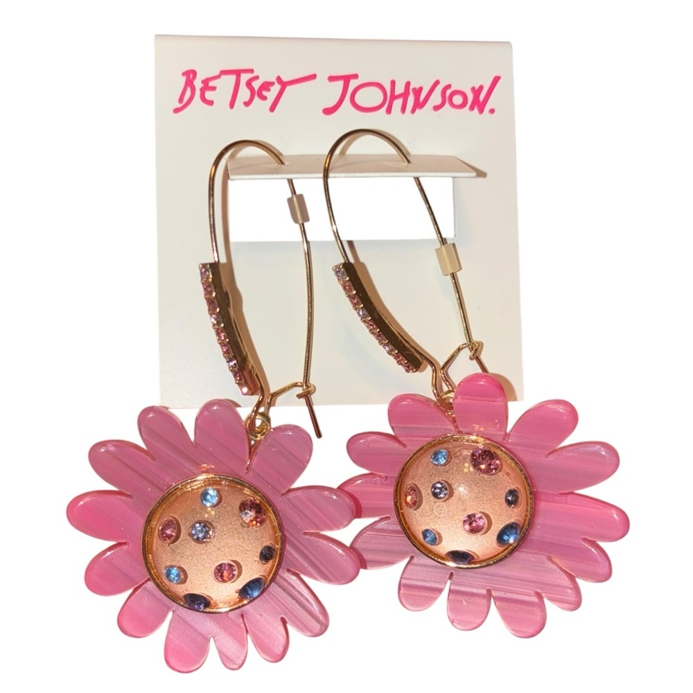 BETSEY JOHNSON Cabochon Crystal-Accented Polka Dot Daisy Floral Earrings NEW NWT